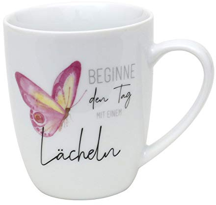 Kaffeebecher/Tasse aus Porzellan, Motiv: Beginne den Tag mit einem Lächeln. Größe H/Ø: 9,8 x 8,2 cm, Fassungsvermögen 250 ml, Spülmaschinengeeignet.