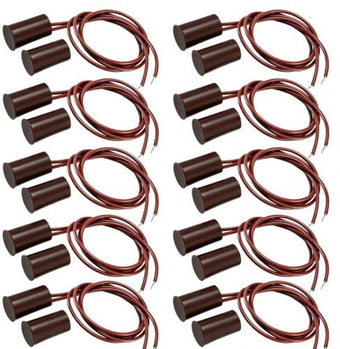 VISSQH 10 stücke Magnetischer Reedschalter NC Einbau Wired Tür Fenster Sensor Magnetschalter Haussicherheits Alarmsystem, Fenster- / Türkontaktsensor Verdrahtete Alarm(Zylindrisch,Braun)