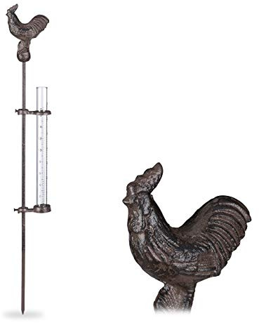 Relaxdays 3 Pluviómetros con Gallo, Estaca, Medidor Precipitaciones Decorativo, 17 cm 7 , Vidrio, Adorno Jardín, Metal, en Bronce