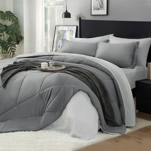 BEDELITE Juego de edredón tamaño Queen de 7 Piezas en una Bolsa, Juego de Cama Reversible de Microfibra Suave Gris con edredones, sábanas, Fundas de Almohada y Fundas, Juego de Ropa de Cama de Lujo