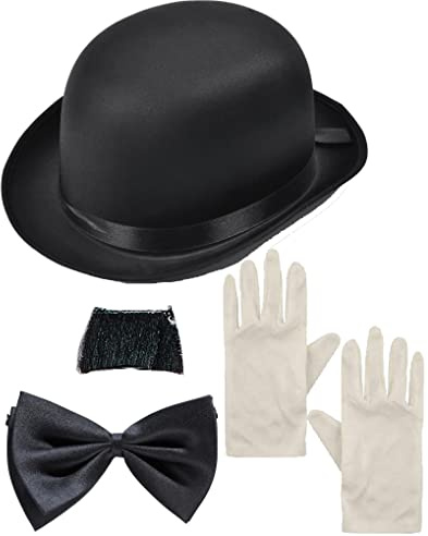 Dreamzfit Charlie Chaplin Kostüm-Set für Herren – Deluxe Silent Movie Fancy Dress Outfit mit Bowler Hut, Schnurrbart, Fliege & weißen Handschuhen für 1920er Jahre Party, Junggesellenabschied