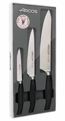 Arcos Serie Clara - Set 4 Cuchillos de Cocina (Mondador + Cocina + Chef + Tijeras) - Acero Inoxidable Forjado NITRUM - Mango Inyectado de Polipropileno - Color Negro