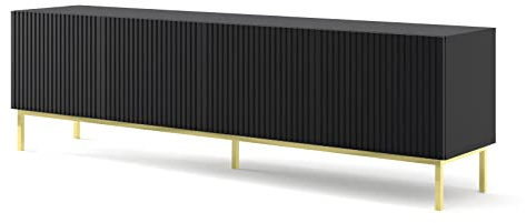 BIM Furniture TV-Schrank Ravenna B 200 cm 4D mit gefräster Front Hochwertiges MDF Lowboard Schrank TV Tisch Sideboard Kommode Hi-Fi Tisch Fernsehtisch Skandinavische (Schwarz Matt)
