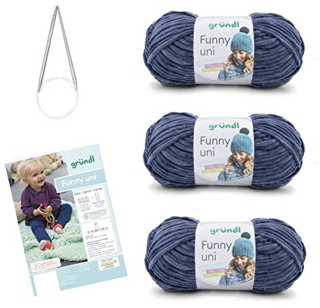 Gründl Wolle Funny uni - weiche Chenille Wolle mit Nadel und Anleitung für eine Babydecke - Kuschelig und hautfreundlich - 100 % Polyester - 3 Knäuel 100 g / 120 m - Nadelstärke 5 - 6, jeans