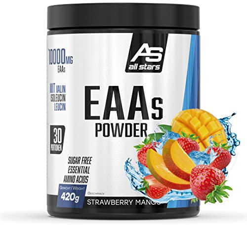 All Stars EAA Powder Strawberry Mango I Aminosäuren hochdosiert I 420g Pulver mit 10.000mg EAAs pro Portion I BCAA Supplement mit L-Leucin + L-Valin + L-Isoleucin I Shake zuckerfrei