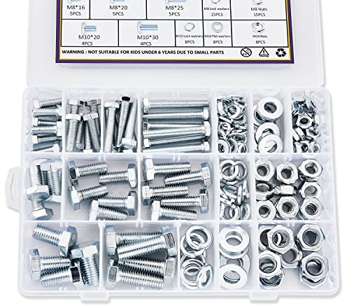 ZTF 188PCS M6 M8 M10 Hardware Nuts and Bolts Assortment Kit, Heavy Duty Metric Machine Screws Nuts Washers, 9 Most Common Sizes Zinc Alloy Steel Grade 8.8 (M6 M8 M10 Kit)