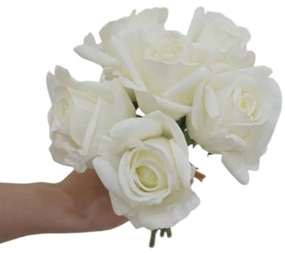 CURTEK 6 rose artificiali in vera seta, 25,9 cm, con stelo singolo, per bouquet da sposa, decorazioni fai da te, bouquet per feste di nozze, decorazione per la casa, il giardino (bianco)