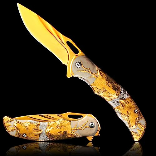 Vividstill Taschenmesser für Männer, cool golden Klappmesser mit Titanplattiert Prägen 3D Wolf, gute Geschenk Edc Messer für Männer Outdoor Überleben Camping