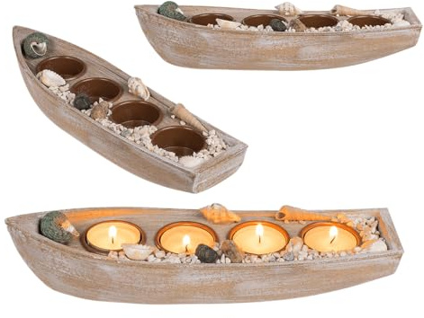 Barco de Madera para 4 Velas de té, con decoración de Conchas y Piedras, Aprox. 28,5 x 7,5 x 6 cm, Color Beige