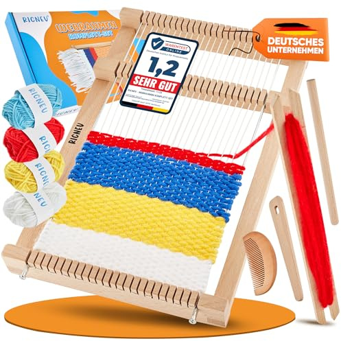 RICNEV® Webrahmen für Kinder ab 6 Jahren | Hochwertiger Holz Webstuhl Komplett-Set inkl. 4 Wollfarben, Kettgarn und Zubehör, Webbreite 15 cm | Schulwebrahmen für Anfänger, DIY Geschenk