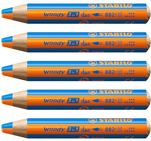 STABILO - Duo Buntstift, Wasserfarbe & Wachsmalkreide - woody 3 in 1 duo | zweifarbige Mine, 5er Pack, orange/mittelblau
