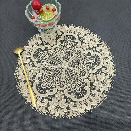 2 Stück Spitze Runde Gestickte Tischläufer, Stickerei Tischset Runde Bestickte Tischmatte Handarbeit Geklöppelt Häkeldeckchen Spitzendeckchen für Küche,Esszimmer Tassen, Getränke,Schalen -Gold #1