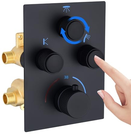 Robinet de douche thermostatique moderne à 3 voies avec bouton poussoir - Robinet en laiton multifonction dissimulé - Kit de vanne de dérivation de douche - Fonctionnement simultané - Les flux peuvent