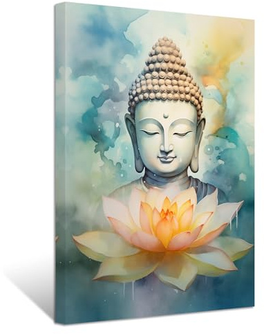 ZXHYWYM Buddha Gemälde Bilder blaugrüner Buddha mit Lotusblumen Leinwanddrucke Spa Kunstwerk Zen Dekor für spirituelle Meditation Yoga Zimmer Gerahmt (Bild-2, (30.00 x 45.00 cms))