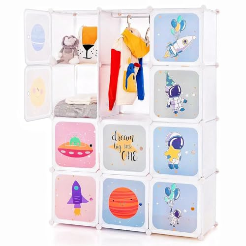 INFANS Children Wardrobe, Kid Closet Portable Baby Dresser Cute for Kids Bedroom Nursery Armoire with Doors 12 Cube 2 Hanging Sections, Kid Clothes Storage Organizer (White, 12 Cubes)