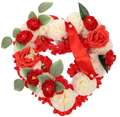 PRETYZOOM Herzförmiger Kranz für den Außenbereich, Friedhof, Blumenkranz, künstliche Girlande, Herz-Gedenkgirlande, Trauer-Requisitenkranz, künstliche Schaumstoffrosen, Wandbehang, Ornament, Rot