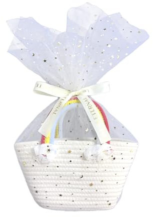 HPIENOYA Kleiner gewebter Korb mit Geschenk-Tüllnetz und Band, leere dekorative Geschenktruhe, Baby-Geschenkkorb für Kinderzimmer, kleine Regenbogen-Handtasche für Mädchen, Baumwollseil, Raumregal,