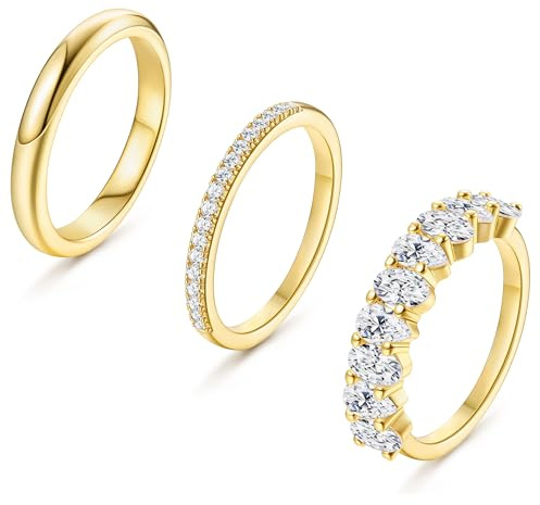 Dochais Set de 3 Bagues en Or pour Femme, Bagues Empilables Plaquées Or 14K, Bague de Pouce Fine pour Femmes, Anneau Simple, Bague de Fiançailles, Tailles 54-62