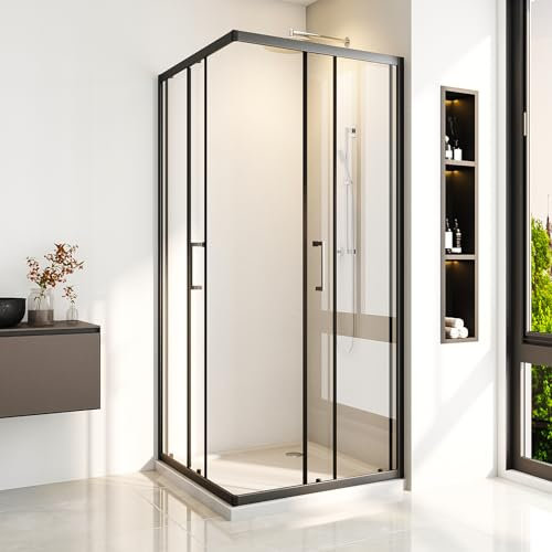 Duschkabine Eckeinstieg 80 x 90 cm Schwarz Eckdusche Doppel Schiebetür Duschabtrennung Duschschiebetür aus 6 mm Sicherheitsglas (ESG),Höhe 185 cm(Ohne Duschwanne)