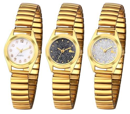 JewelryWe Ultra tunn lätt läsarklocka med elastiskt band, guld/silverklocka | Damer, veckodag, lätt att dra på passform, kontor, möten, present till mammor, rörelse, lysande händer