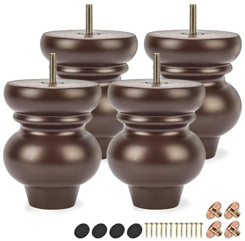 Btowin 4.8 Inch/12cm Solid Wood Furniture Legs,4Pcs Mid-Century Modern Walnut Turned Wooden Bun Feet with Threaded M8 Hanger Bolts & Mounting Plate & Screws for Sofa Couch Armchair Cabinet Recliner