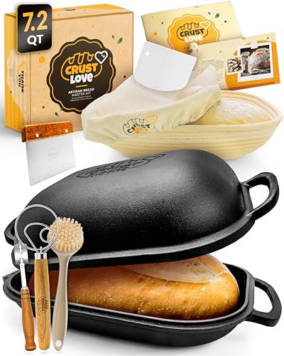 CRUSTLOVE Sartén de hierro fundido con tapa, incluye suministros para hornear pan de masa madre, como cesta a prueba de pan Banneton, horno holandés de 7.2 cuartos de galón, horno holandés, horno para