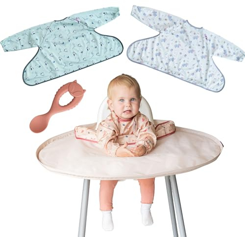 Tidy Tot Kit idéal pour la diversification. Inlcus 1 plateau, 3 bavoirs couvrant avec manches et 1 cuillère en silicone. Le kit se fixe au plateau de la chaise haute