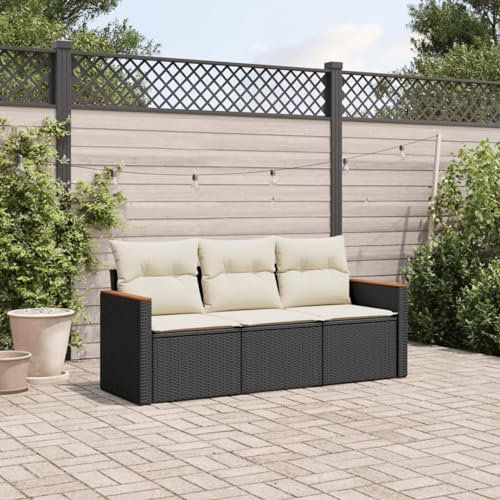 Faroom Balkon Sofa mit Stauraum Gartensofa 3 Sitzer Lounge Sofa Outdoor Rattansofa Sitzecke Balkon Lounge Klein Couch Gartenlounge Polyrattan Balkonmöbel Schwarz und Creme 3-tlg-Type-A629