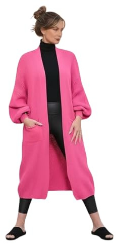 HUBIBUBI Ladies Oversized Long Cardigan Balloon Sleeve Chunky Ribbed Open Knitted Maxi Jumper Ladies Maxi Knitted Puff Sleeve 2 Pocket Cardigan Boyfriend Sweater Top UK Size 8-22 Fuchsia
