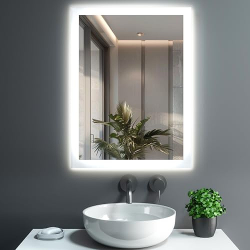 GIMBELEN Badspiegel mit Beleuchtung, LED Spiegel Bad mit Tastenschalter, Badezimmerspiegel mit Beleuchtung, Antibeschlag, Kaltweiß, Warmweiß, Memory-Funktion, 45x60 cm Badezimmer Wandspiegel