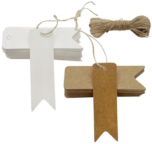 Kibon Geschenkanhänger - 200Stk Kleine Etiketten (7x2 cm) aus Kraftpapier mit 30M Juteschnur für Hochzeit & Weihnachten(100 Stück braune Tags + 100 Stück Weiß Tags)