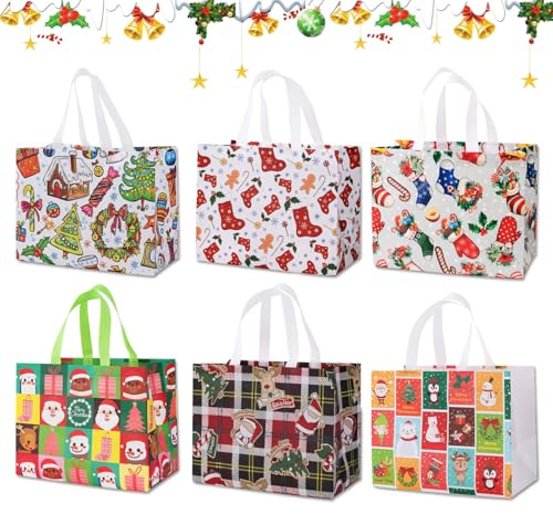Geschenktüten Weihnachten Groß, CIYIN Weihnachts Tragetaschen, 6 Stück, Einkaufstaschen Weihnachten Faltbare Taschen Groß Wasserdicht, Weihnachts-tüten mit Griffen Vliesstoff