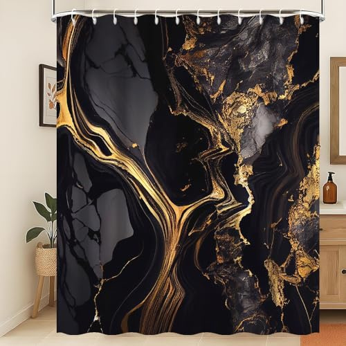 Xiaoterna Marmor Duschvorhang Abstrakt Schwarz Goldener Marmor Badezimmer Vorhang Goldener Puder Glitzernder Moderner Luxuriöser Duschvorhang Maschinenwaschbar Wasserdichter Stoff 180x220cm