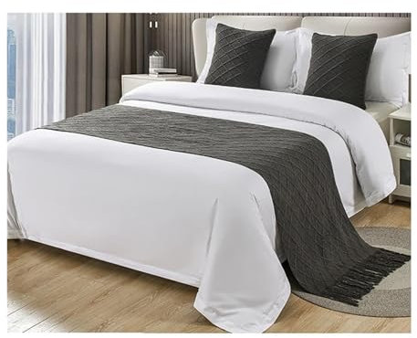 SUBLXPoten Bettschal Längerer Bettläufer mit Quaste, solides Kariertes Betttuch, Esszimmer, Hochzeit, Party, Dekoration, Bettschwanztuch, Kissenbezug for Zuhause, Hotel(09,60x260cm 1pcs)