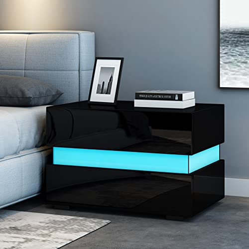 Komtopod Schwarz Nachttisch Moderner LED Licht Nachtschrank Hochglanz Nachttische Beistelltisch mit 2 Schubladen für Schlafzimmer (Schwarz)