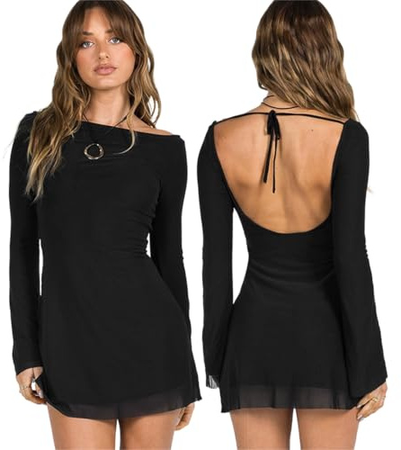 Gkaopi Women's Sexy Long Sleeves Black Mini Backless Dress - Round Neck Bodycon High Waist for Party Evening Cocktail Bridesmaid