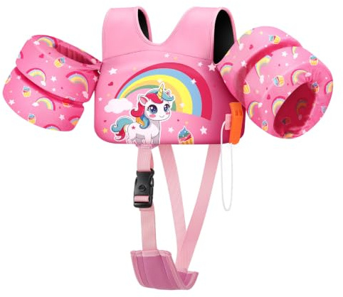 HeySplash Chaleco de Natación para Niños, Traje de Baño Flotante con Correa Ajustable para Pequeños de 6-15kg Aprender a Nadar, Flotador de Brazo de Piscina con Silbato, Unicornio Arcoiris Rosa