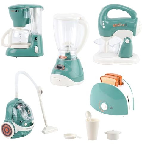 Kids Kitchen Appliance Set,Kitchen Role Play Toy with Bread Maker,Coffee Maker,Blender,Vacuum Cleaner,Juicer,Pretend Play Food Accessories Set with Sounds & Lights for Kids,Gift for Girls Boys 3+