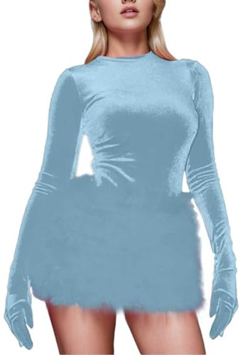Karneval Abiballkleider für Damen Eiskunstlauf Kleid Solid Farbe Rundhalsausschnitt Langarm Kleid Jumpsuit Slim Fit Rock Sui Jumpsuit Abendkleider Elegant Für Hochzeit Weihnachten Kleid (Blue, M)