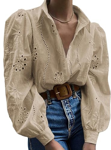 Awemeal Chemisier pour femme à manches longues - Col en V - Décontracté - Avec boutons - Chemise à motif brodé - Manches bouffantes - Haut élégant uni - Chemisier décontracté - Chemises amples, café