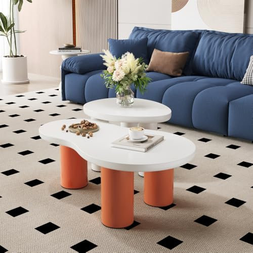 OCACA Combinaison de table basse, plateau de table en MDF laqué et pieds en PVC, table basse blanche de style crème (blanc en forme de nuage + en forme de feuille)