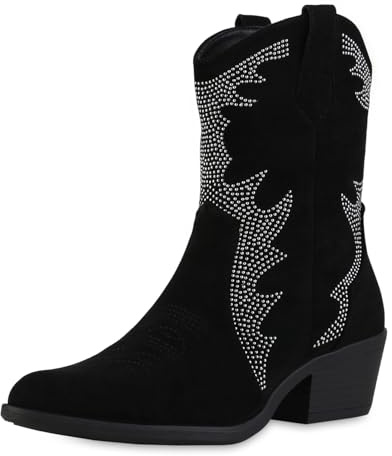 VAN HILL Damen Cowboy Boots Trichterabsatz Nieten Trendy Schuhe 216586 Schwarz 38