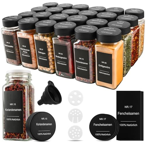 Zouway Tarros De Especias Cuadrado Set 24 - Cristal Con Etiquetas Y Espolvoreador Recipientes Para Cocina Organizador Tapa, 120ml
