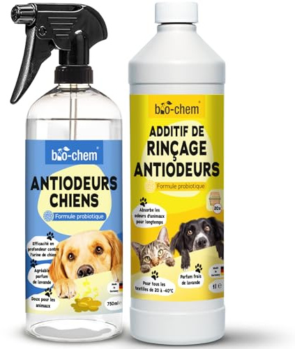 bio-chem Hunde Geruchsentferner Set Spray & Wäsche | 750ml Hunde-Spray plus 1L Wäschespülung gegen Tiergeruch auf Textilien & Oberflächen