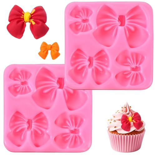 Wanmu 2 Pack Bow Silicone Mold, Fondant Bow Chocolate Mold, Cake Pop Mould Bows, Cake Candy Bowknot Moulds for Party, Cupcake, Baking DIY, Wedding, Birthday, Dessert Supplies (Pink)