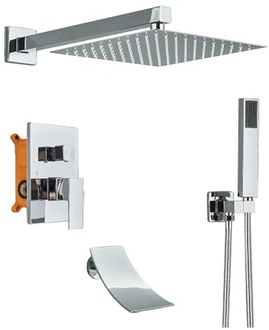 Kit de douche chromé de luxe de 20,3 cm Concea Rainfall Robinet 2/3 voies Mélangeur inverseur en laiton moderne Colonne de douche compatible avec toutes les douches