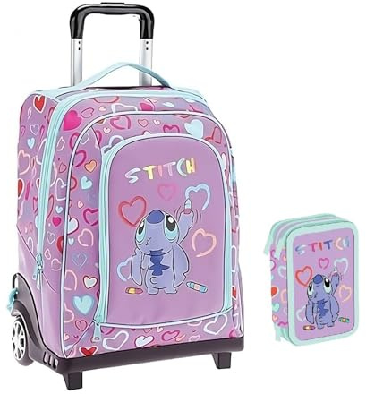 PRESTIGE & DELUXE Trolley Rucksack Stitch für die Grundschule Mädchen + Federmäppchen 3 Ebenen + Gratis 7 Stifte und Schlüsselanhänger Pailletten