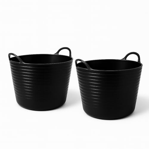 TUKA Pack de 2 Capazos de Plástico 42 L – Profesional, Color Negro | Barreño, Cubo, Espuerta, Cubeta Resistente Multiusos para albañilería, jardinería, Agricultura y hogar (2, Negro)