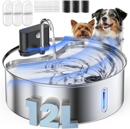 12L Kabelloser Hunde Trinkbrunnen aus Edelstah mit Sensor, Automatischer Wasserspender ohne Kabel, Leise Pumpe, BPA-Frei, Einfache Reinigung für Katzen und Hunde