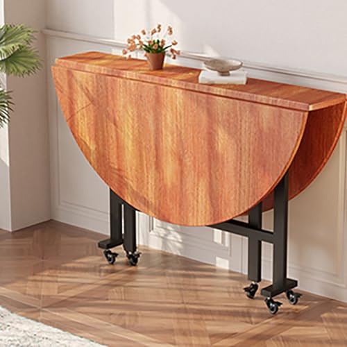Table de salle à manger ronde en bois massif avec battant rabattable, 100 cm, bureau de cuisine et bureau sur 6 roulettes, finition noyer clair polyvalente pour économiser de l'espace